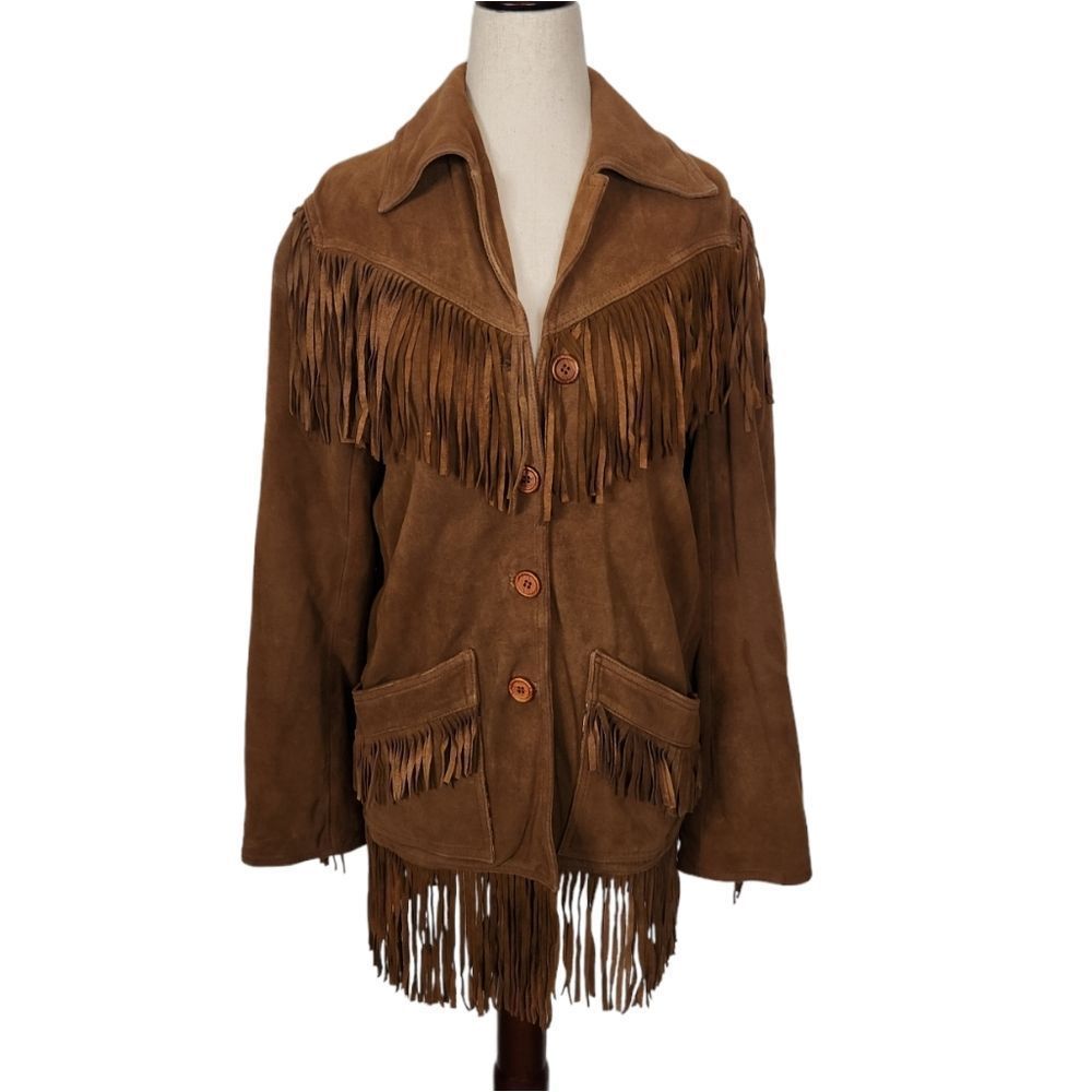 Suede Leather Fringe Western Jacket Goat Suede Brown 6 Small EUC
